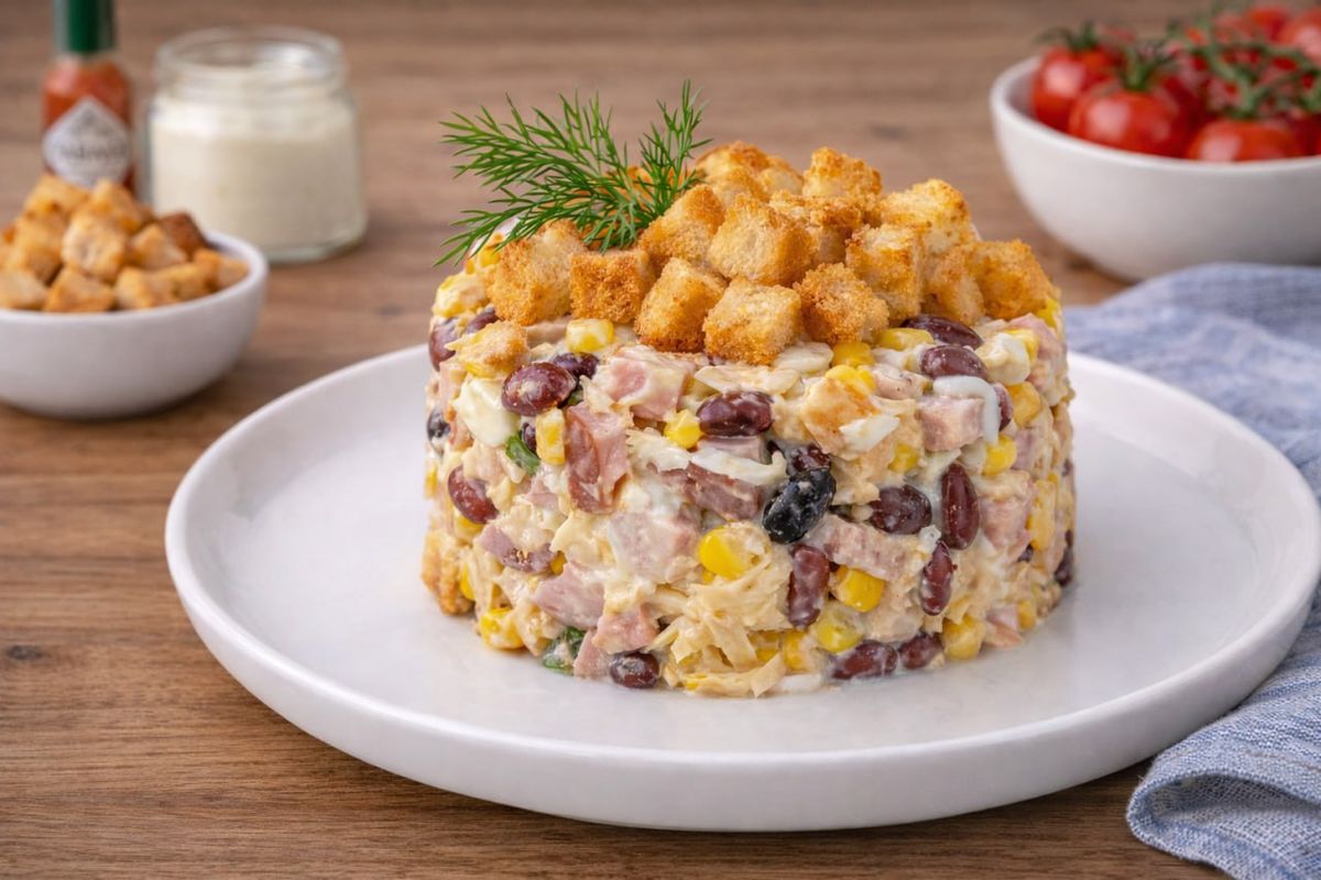 Салат с хрустящими сухариками и чесночным ароматом для любого стола